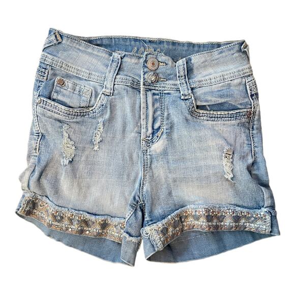 Wallflower High Rise Sequin Jewel Embellished Denim Jean Shorts Size 1 - Picture 1 of 10